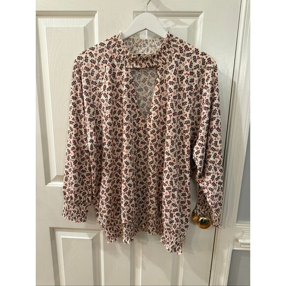 Torrid Mixed Print Cream & Rust Keyhole Elastic Hem Blouse sz 2X EUC - Picture 1 of 8